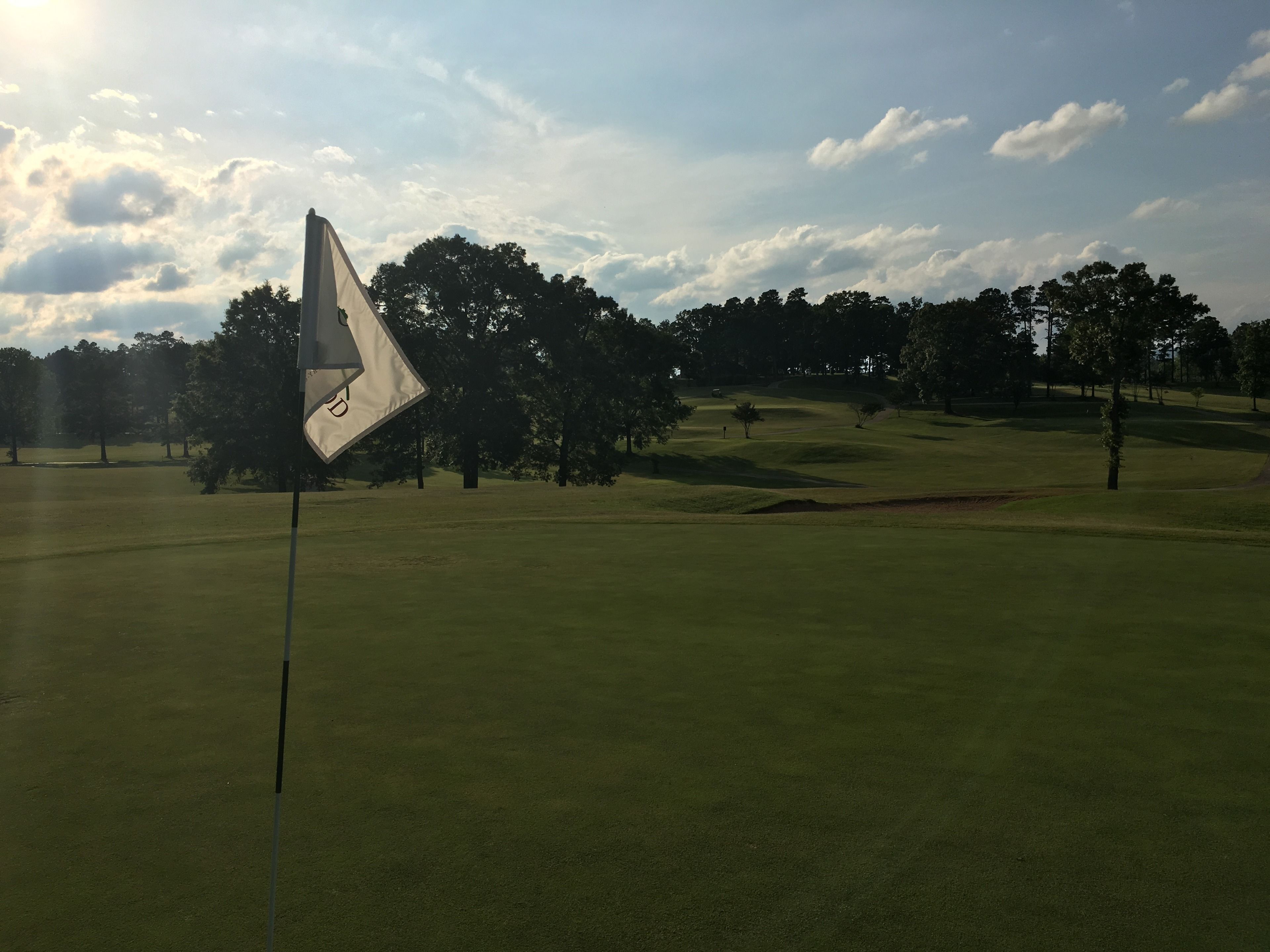 Un campo de golf con un marcador de bandera al frente, rodeado de árboles y un cielo despejado.