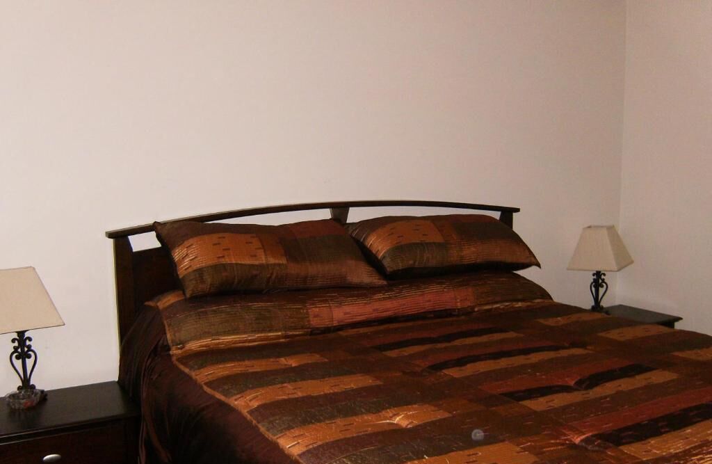 A bed with a dark brown quilt and two pillows, flanked by two bedside tables with lamps.