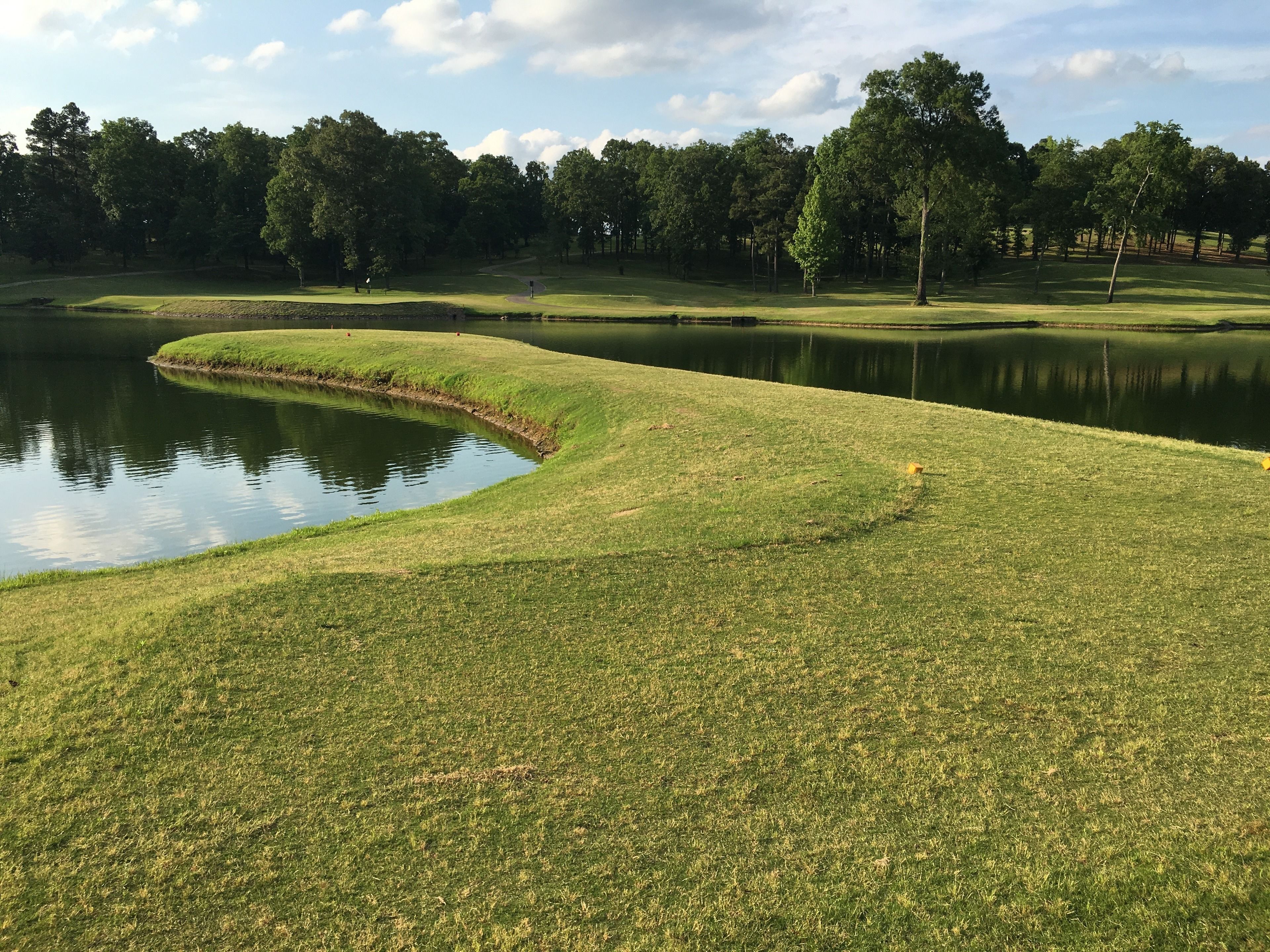 A golf course with a pond, trees, and a clear sky.