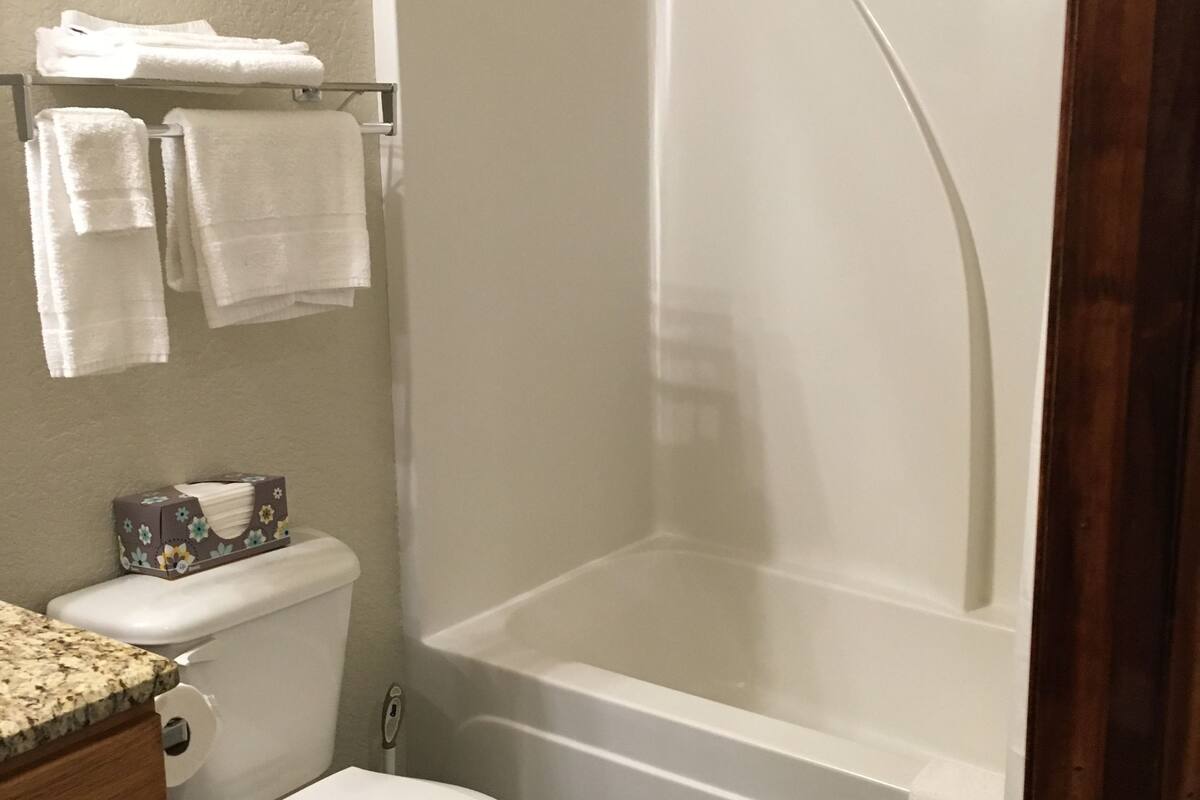 combined shower/bathtub, rainfall showerhead, free toiletries, towels