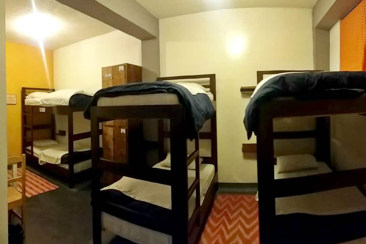A dormitory room with bunk beds, a wooden headboard, a small desk, and a chair.