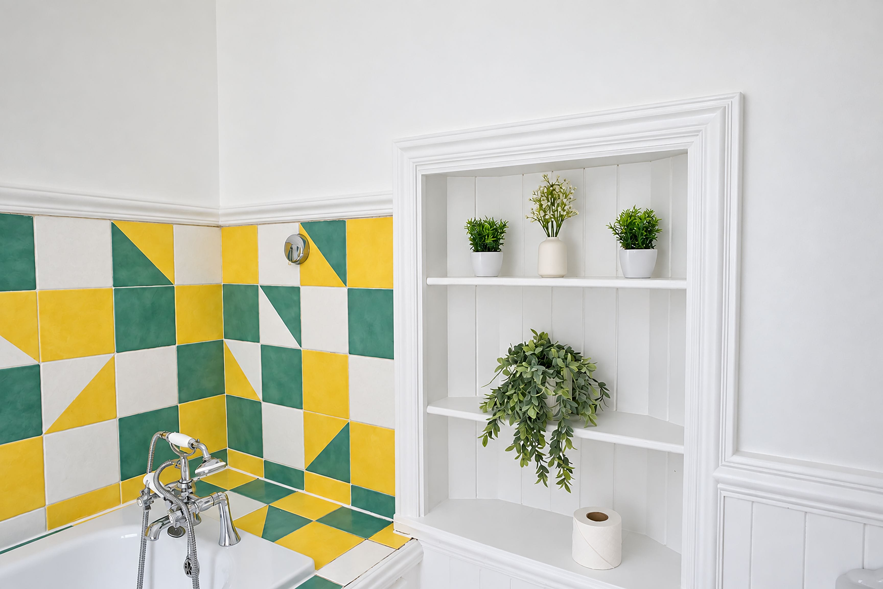 A bathroom with a white bathtub, a shower with a chrome faucet, and a wall with a geometric tile pattern. There are white shelves with potted plants and a roll of toilet paper.