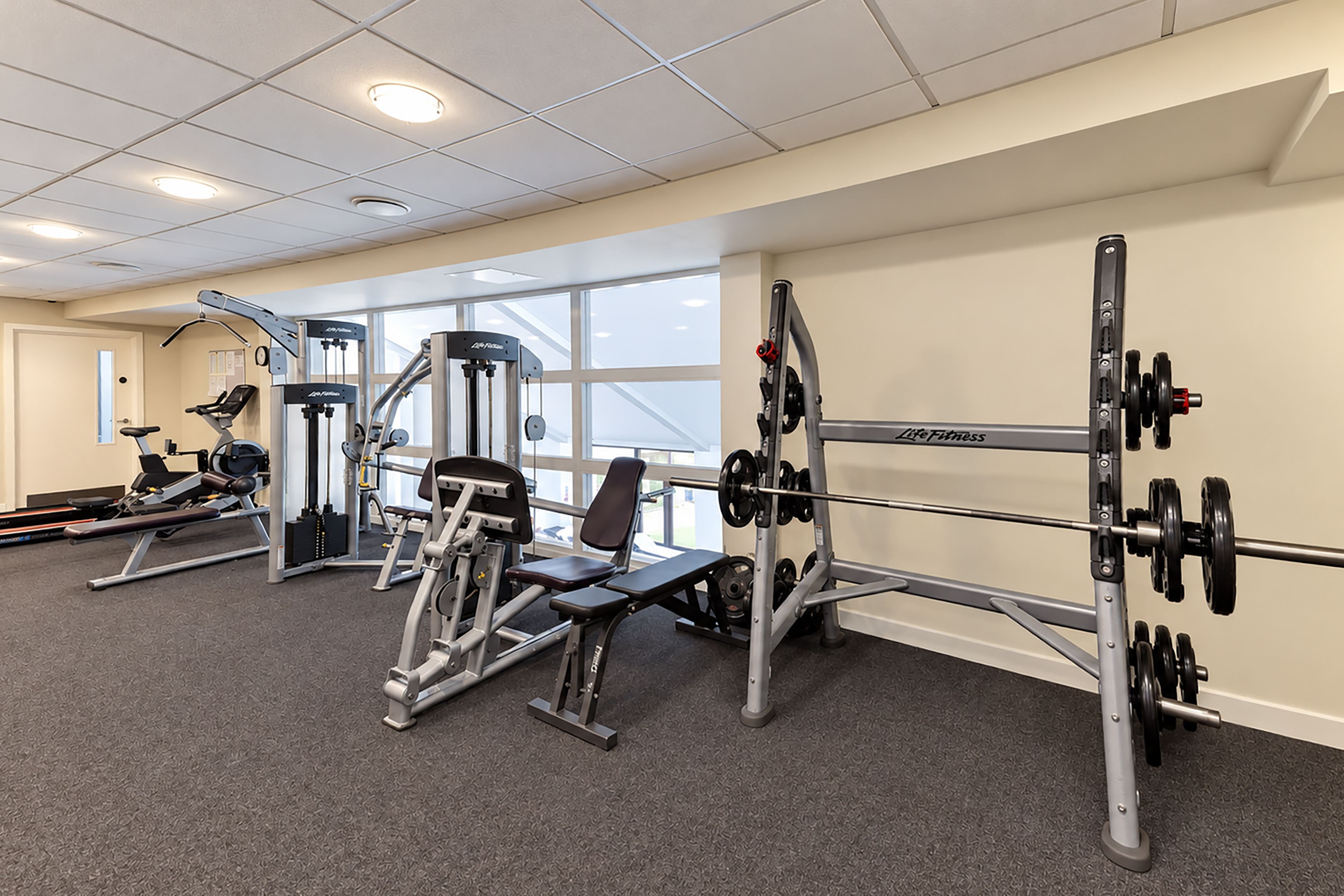Ein Fitnessstudio mit verschiedenen Trainingsgeräten, darunter Kraftgeräte und eine Hantelbank.