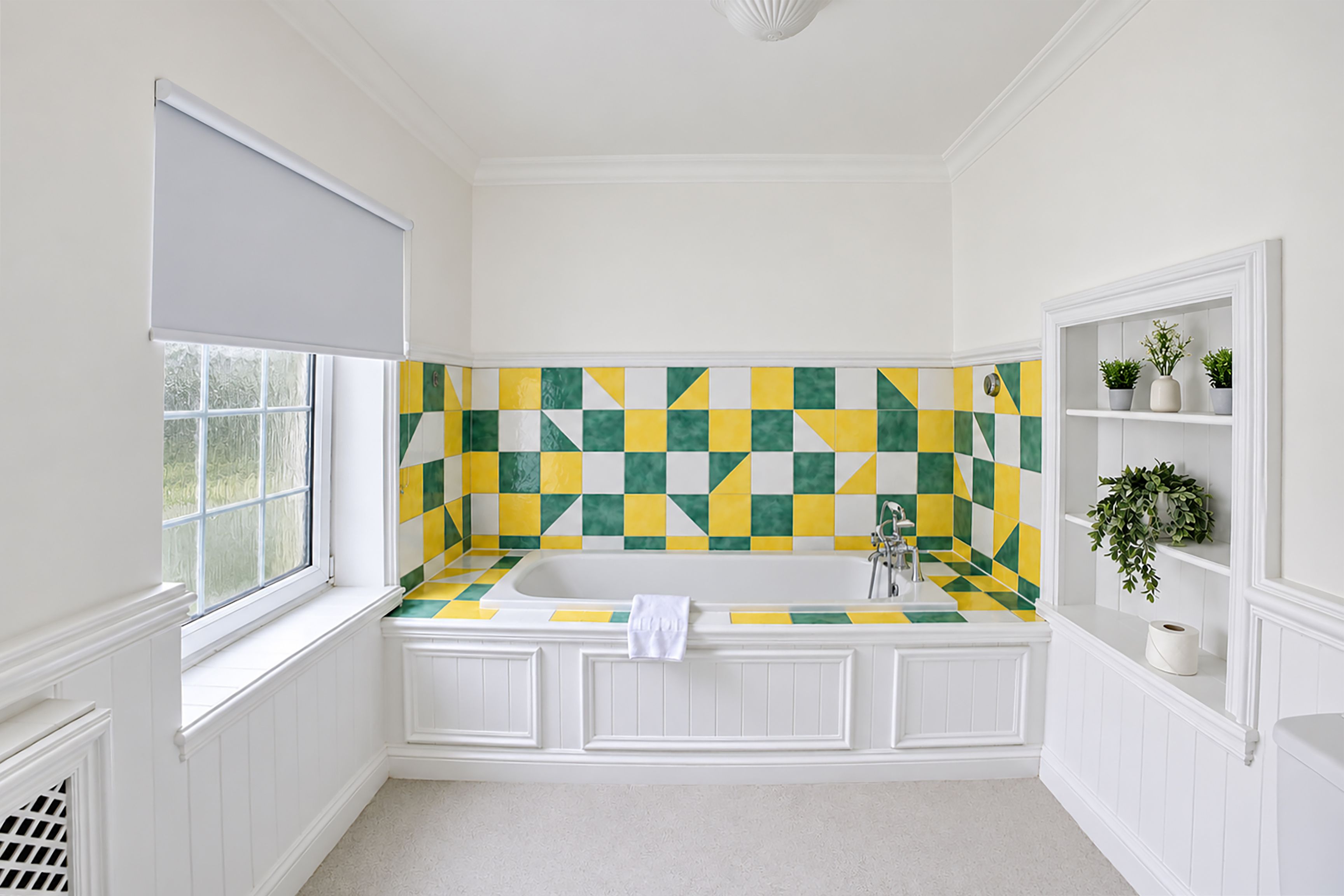 Une salle de bain avec un mur recouvert de carreaux à motifs, une baignoire, une fenêtre avec un store et une étagère ornée de plantes.