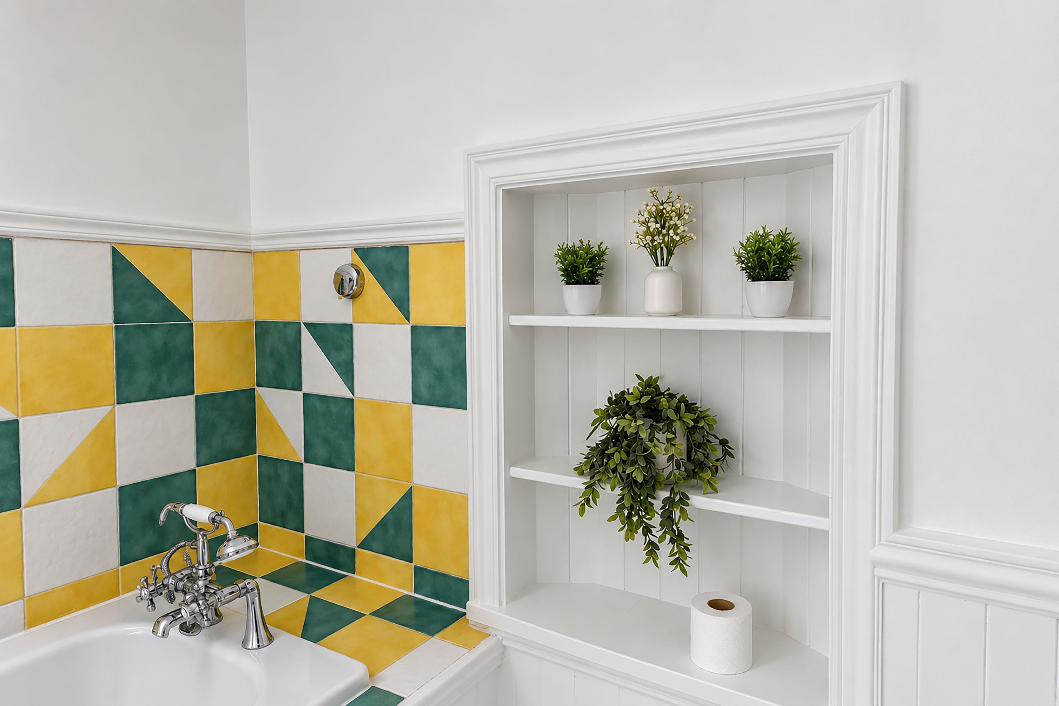 A bathroom with a checkered tile wall, a white bathtub, and shelves with potted plants and a roll of toilet paper.