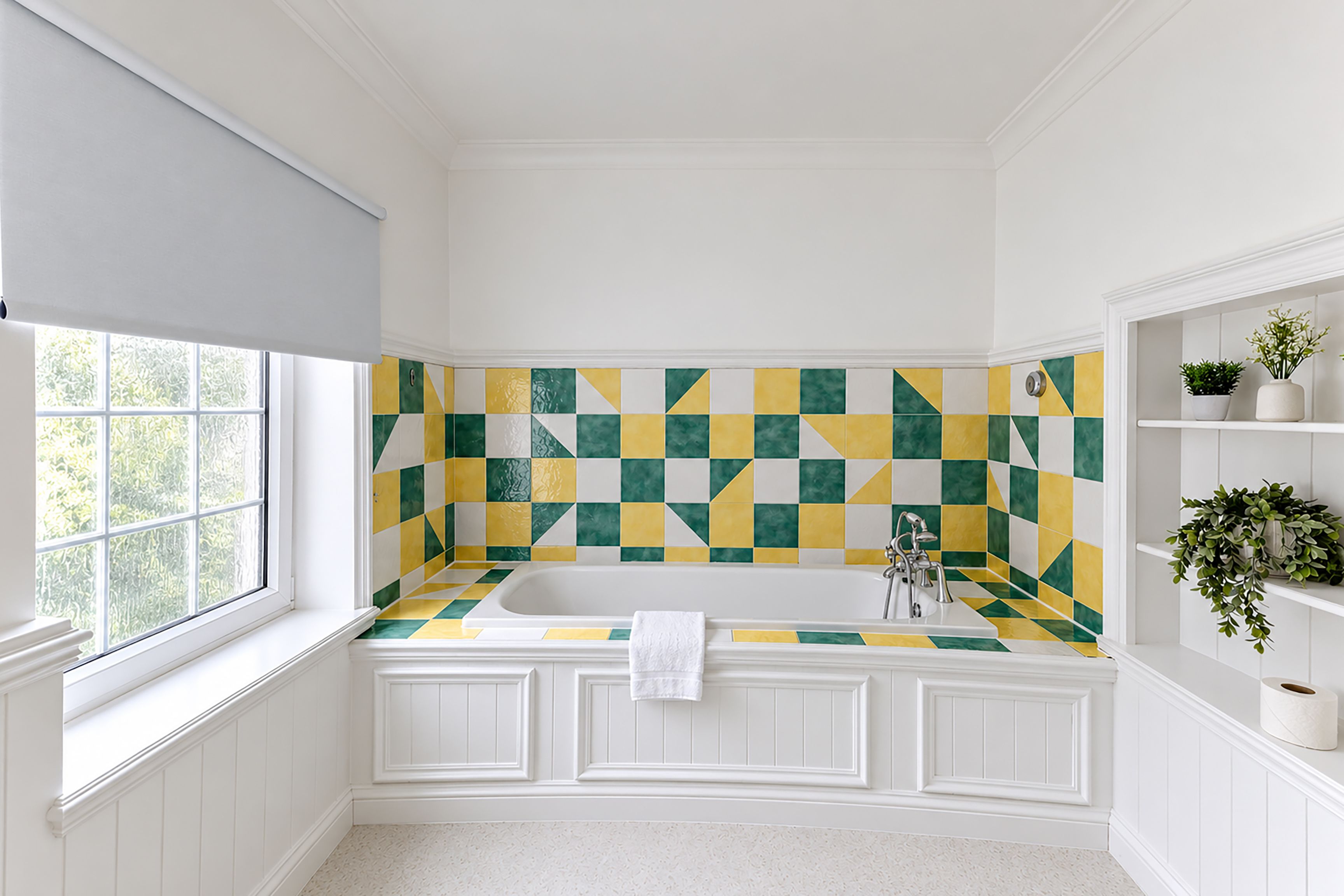 Un baño con salpicadero de azulejos a cuadros, una bañera blanca y estanterías empotradas con plantas.