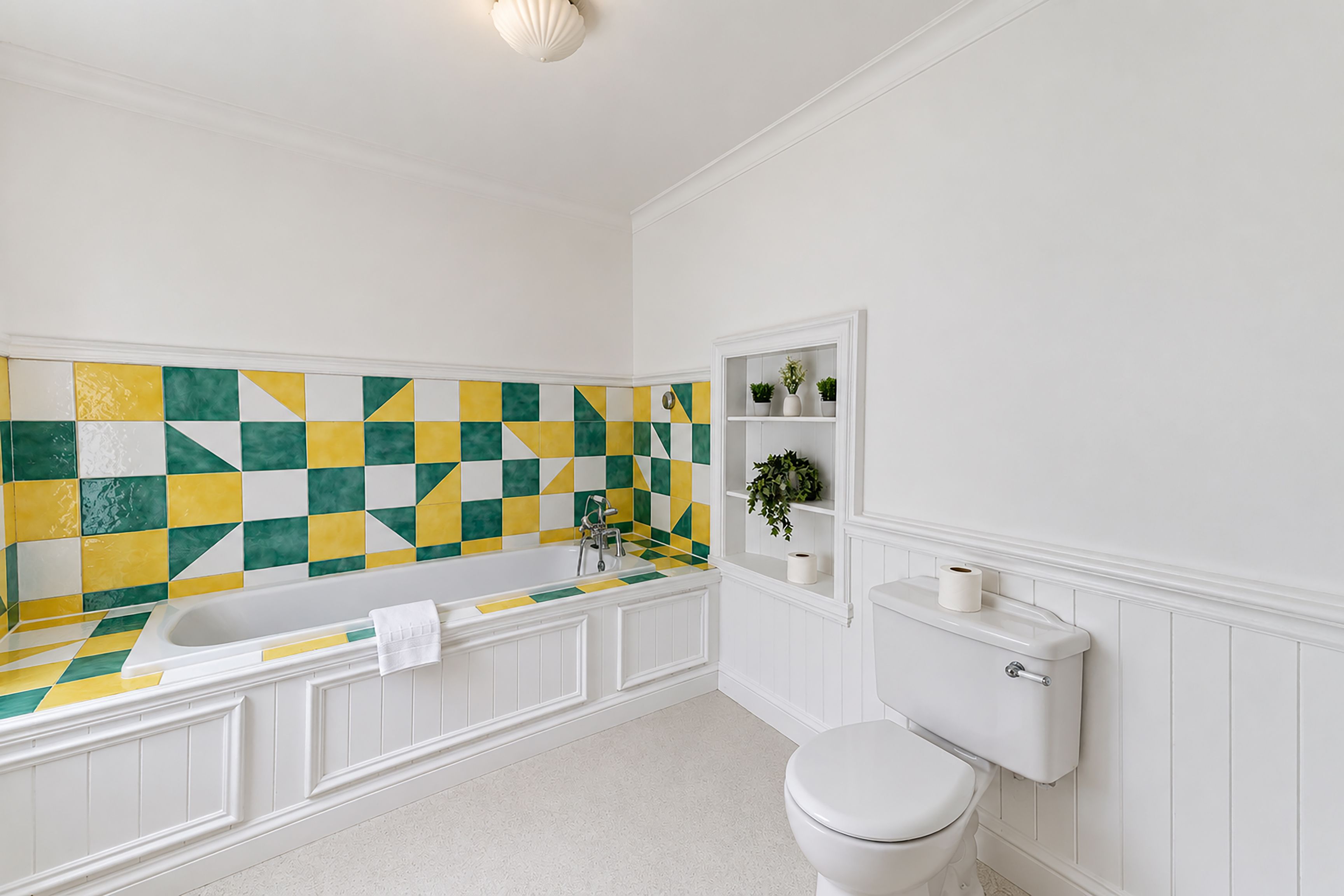 A bathroom with a checkered tile backsplash, a bathtub, a toilet, and a shelf with plants.