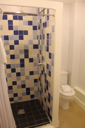 A bathroom with a shower and toilet, featuring blue and white checkered tiles. - Nant Ddu Lodge Hotel & Spa by Belvilla (Merthyr Tydfil)