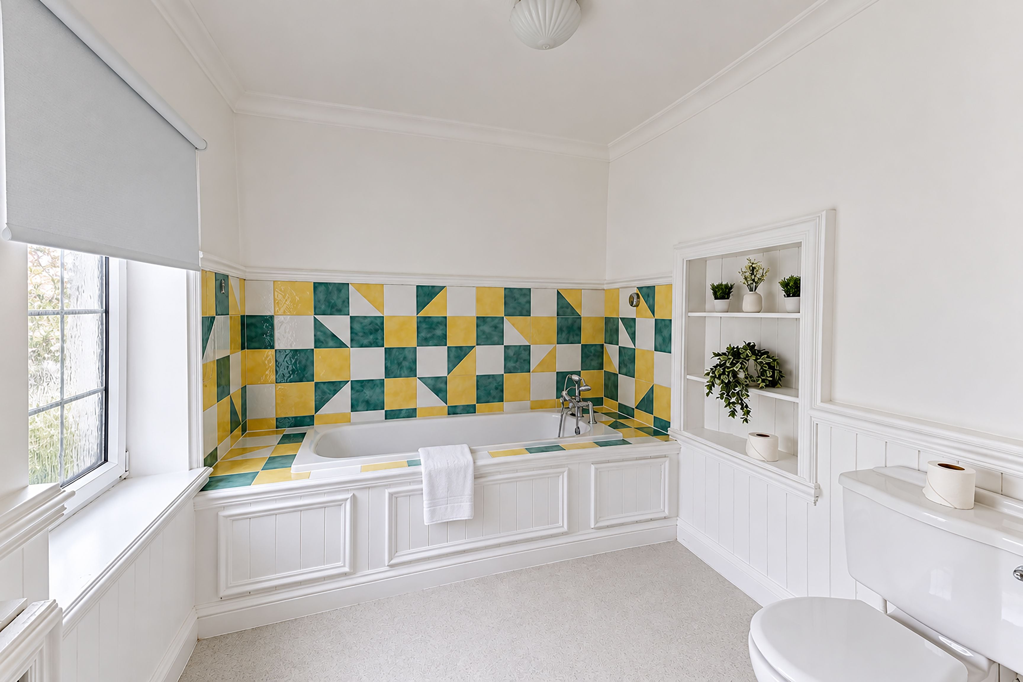 A bathroom with a white bathtub, a toilet, and a window.