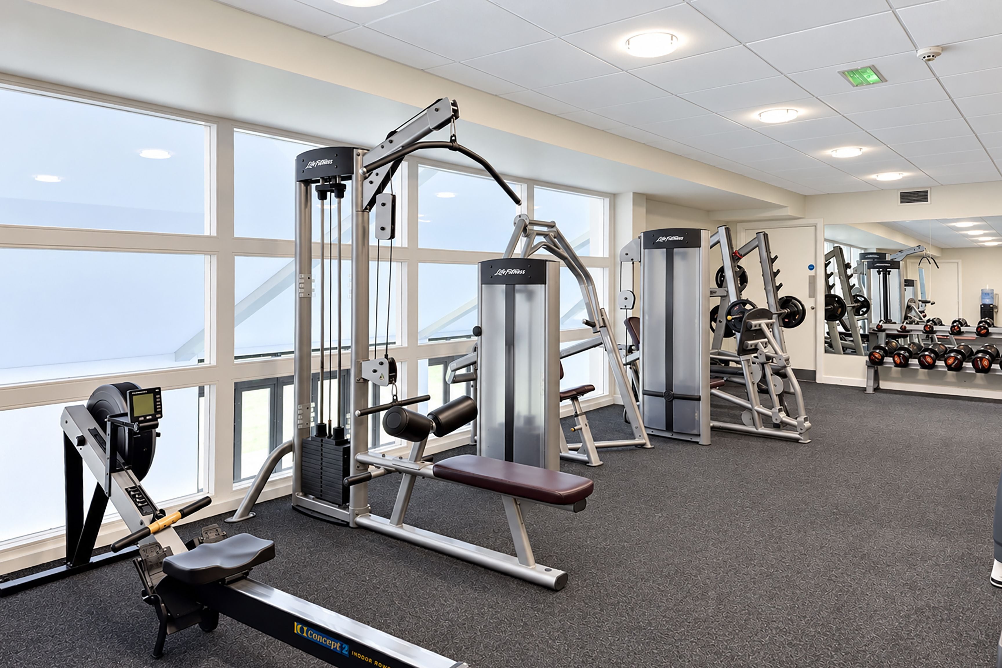 A gym with various exercise machines, large windows, and a carpeted floor.