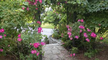 A stone pathway leading through a garden with pink flowers and green foliage.