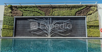 Una piscina al aire libre, sombrillas, sillones reclinables de piscina