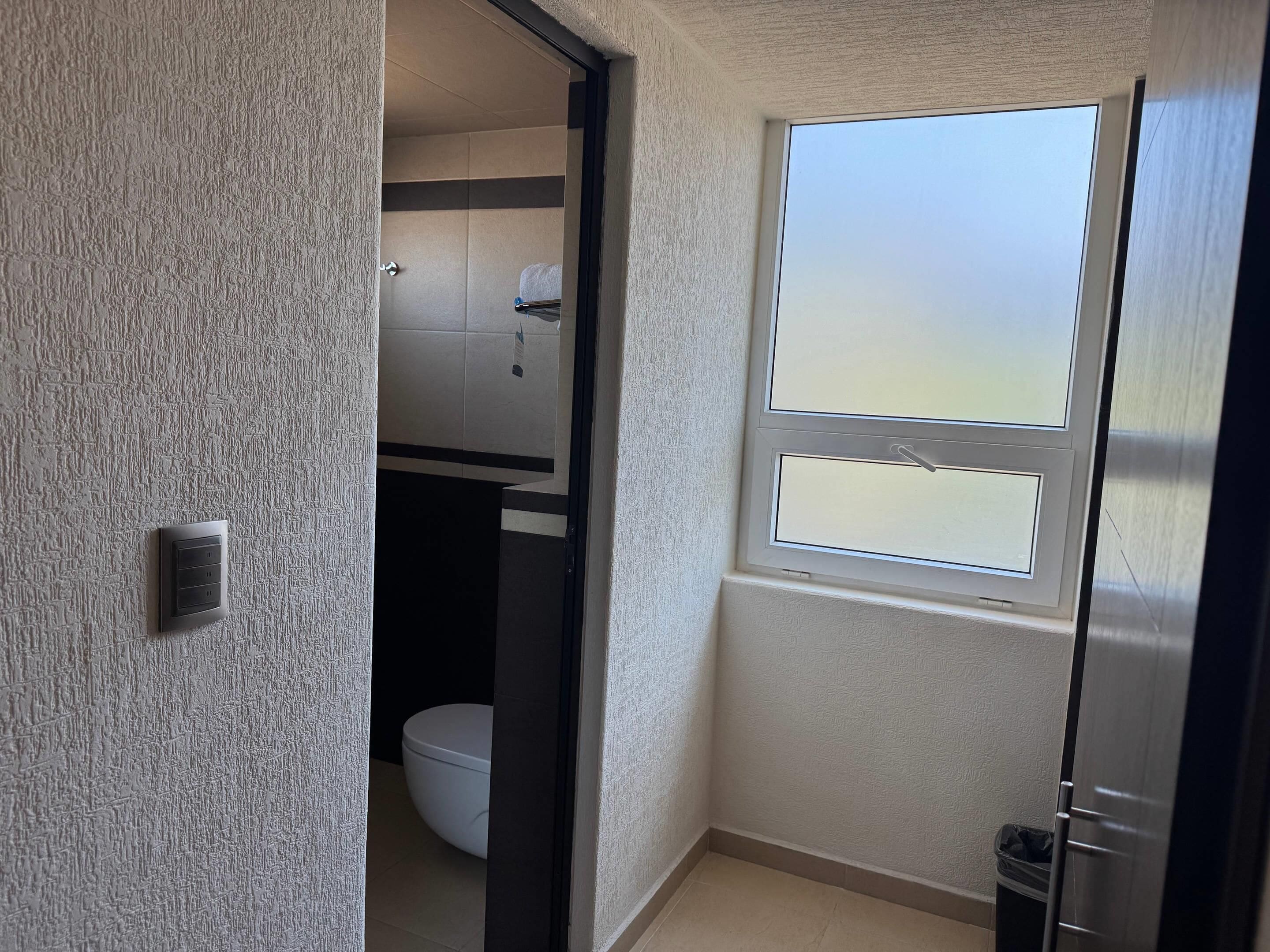 A bathroom with a toilet, a towel rack, and a window.