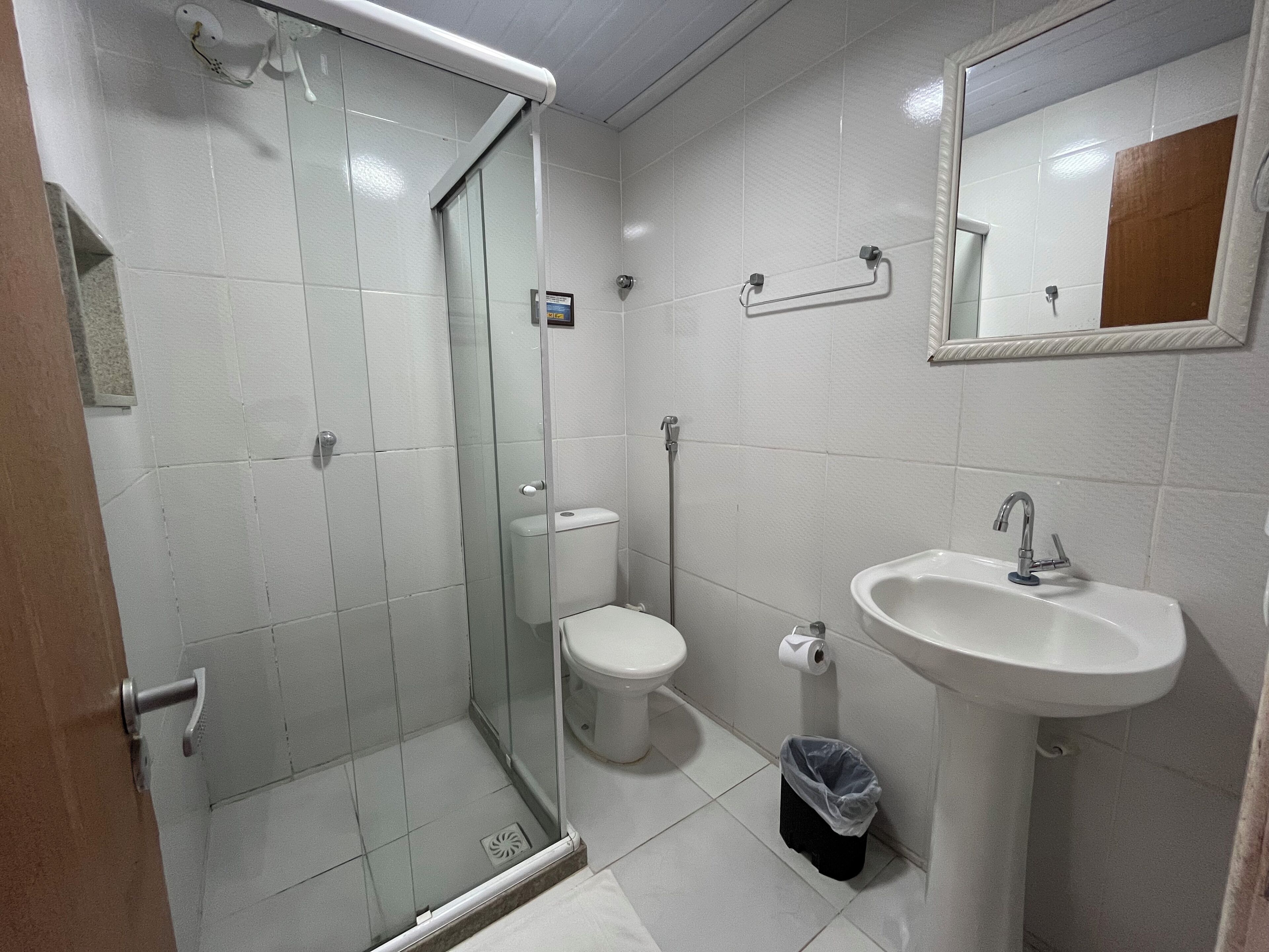 A bathroom with a glass-enclosed shower, a toilet, a sink, and a mirror.