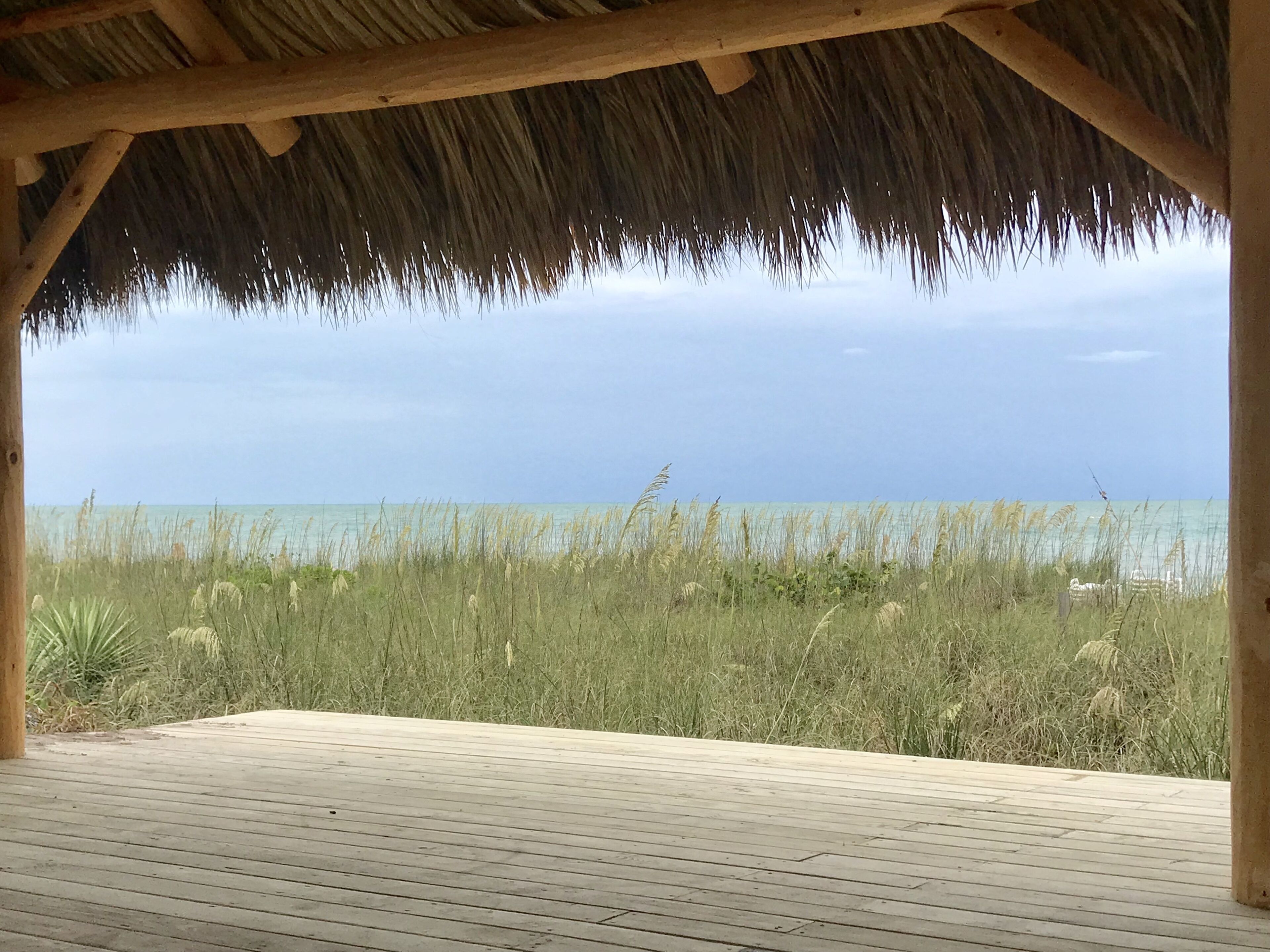 Eine Holzterrasse mit einem Reetdach, das auf einen Strand mit hohem Gras und klarem, blauem Wasser blickt.