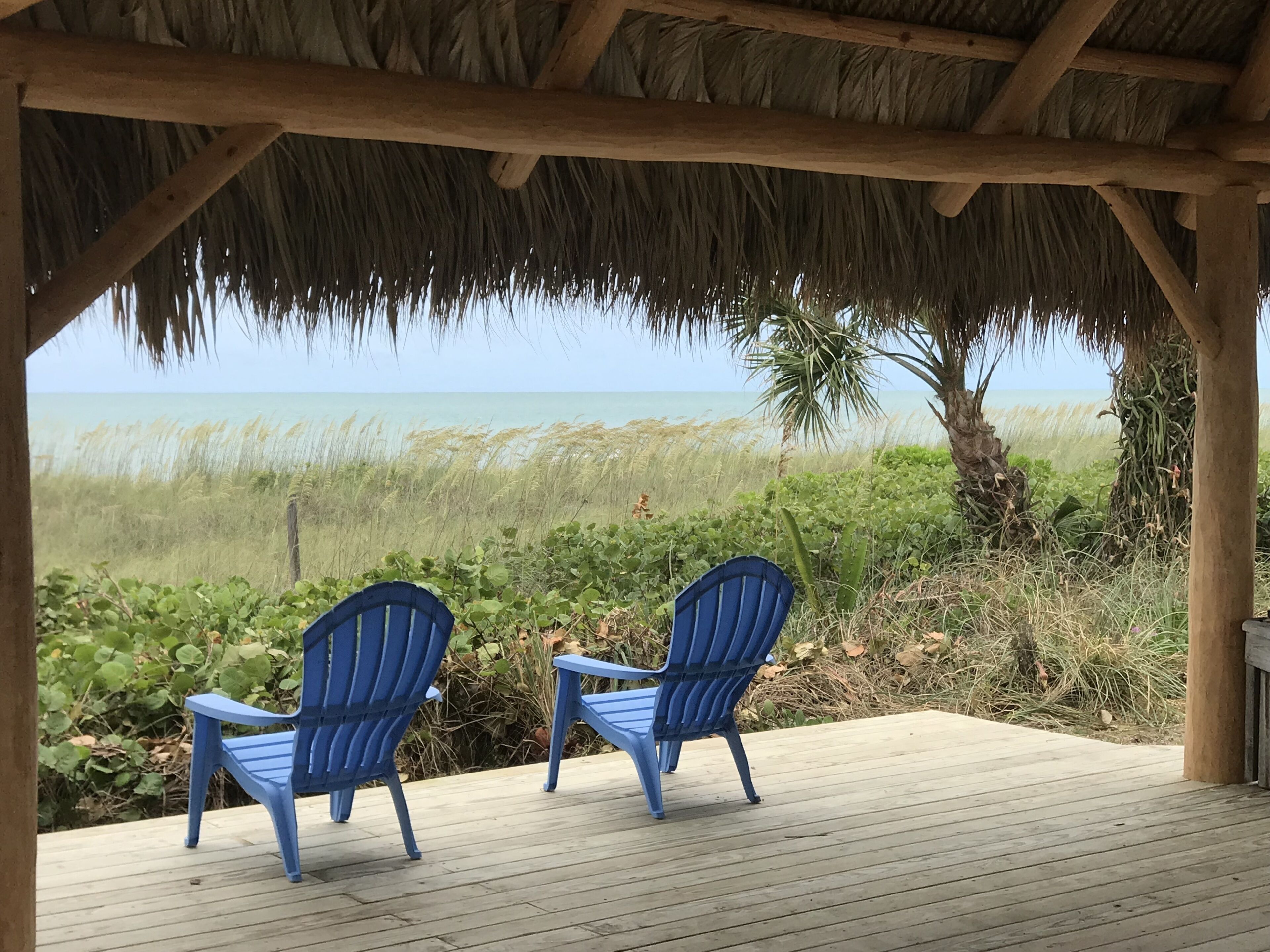 Un área de estar al aire libre techada con dos sillas azules orientadas a una vista de la playa.