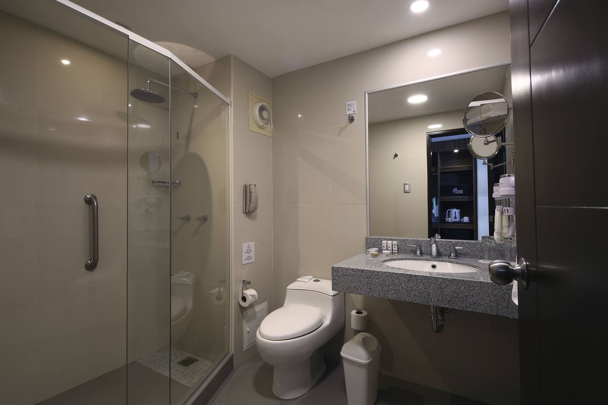 free toiletries, hair dryer, towels