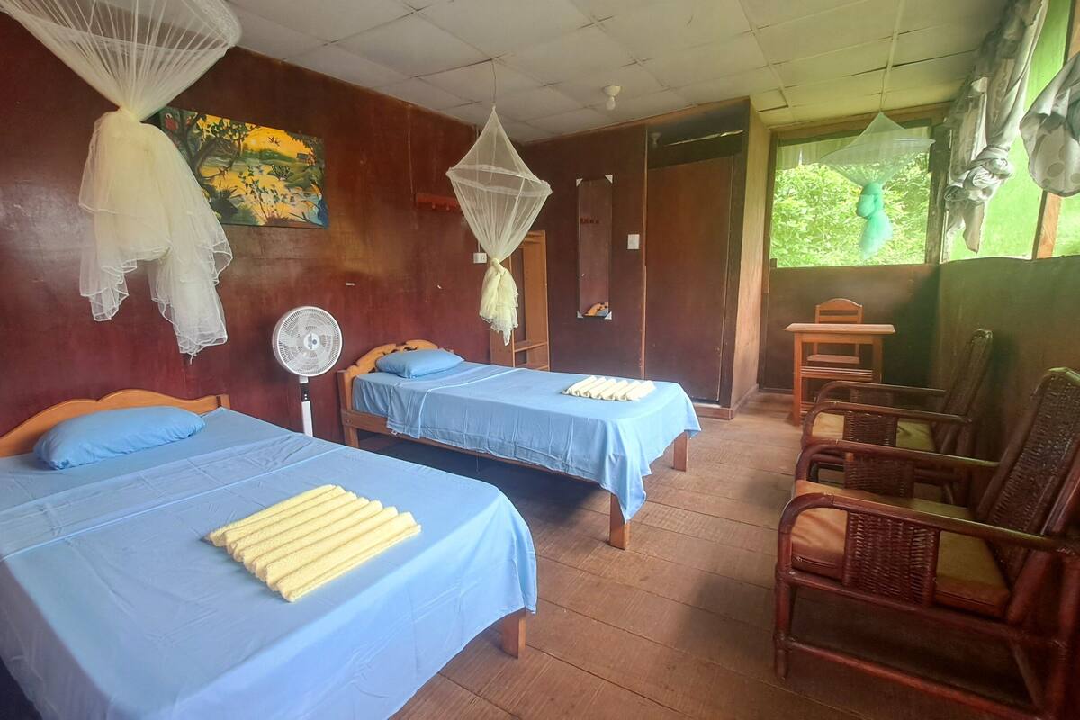 Una habitación con dos camas, un ventilador, mosquiteras y un cuadro en la pared.