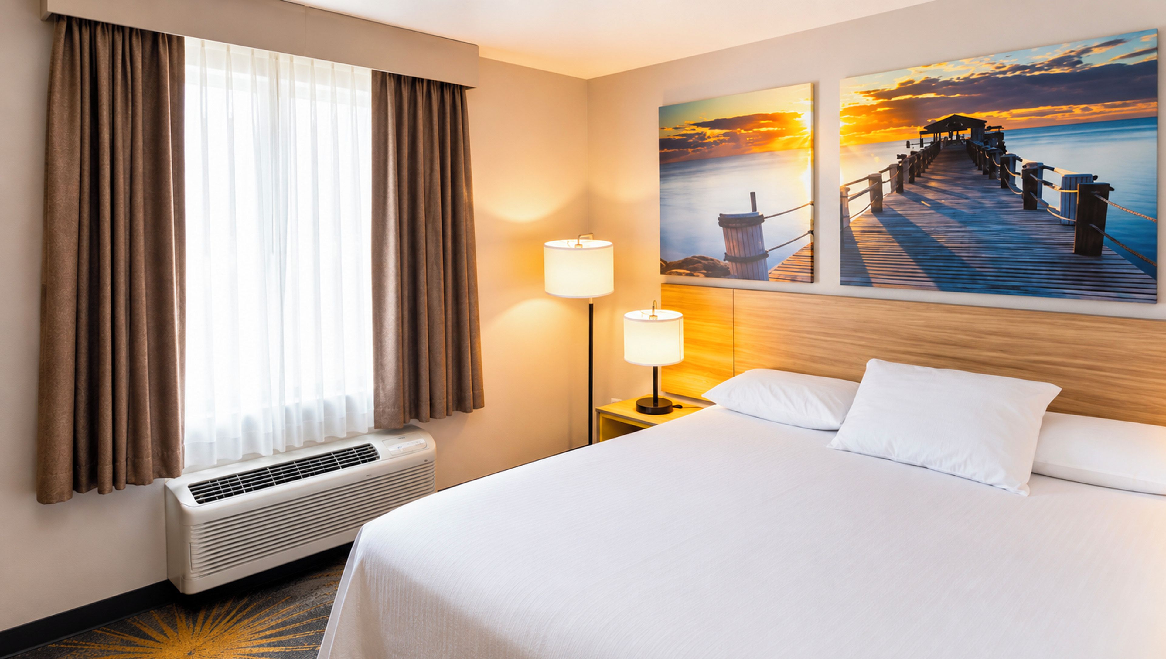 A hotel room with a bed, two lamps, a window with curtains, and two paintings on the wall.