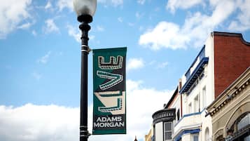 A street lamp with a green flag displaying the Adams Morgan logo.