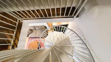 A spiral staircase with a metal handrail, leading to a room with a wooden ceiling and a patterned rug.