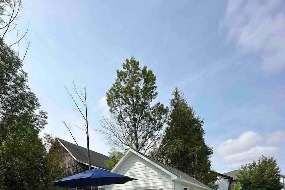 A small, single-story house with a patio area featuring a table and chairs, a blue umbrella, and potted plants.