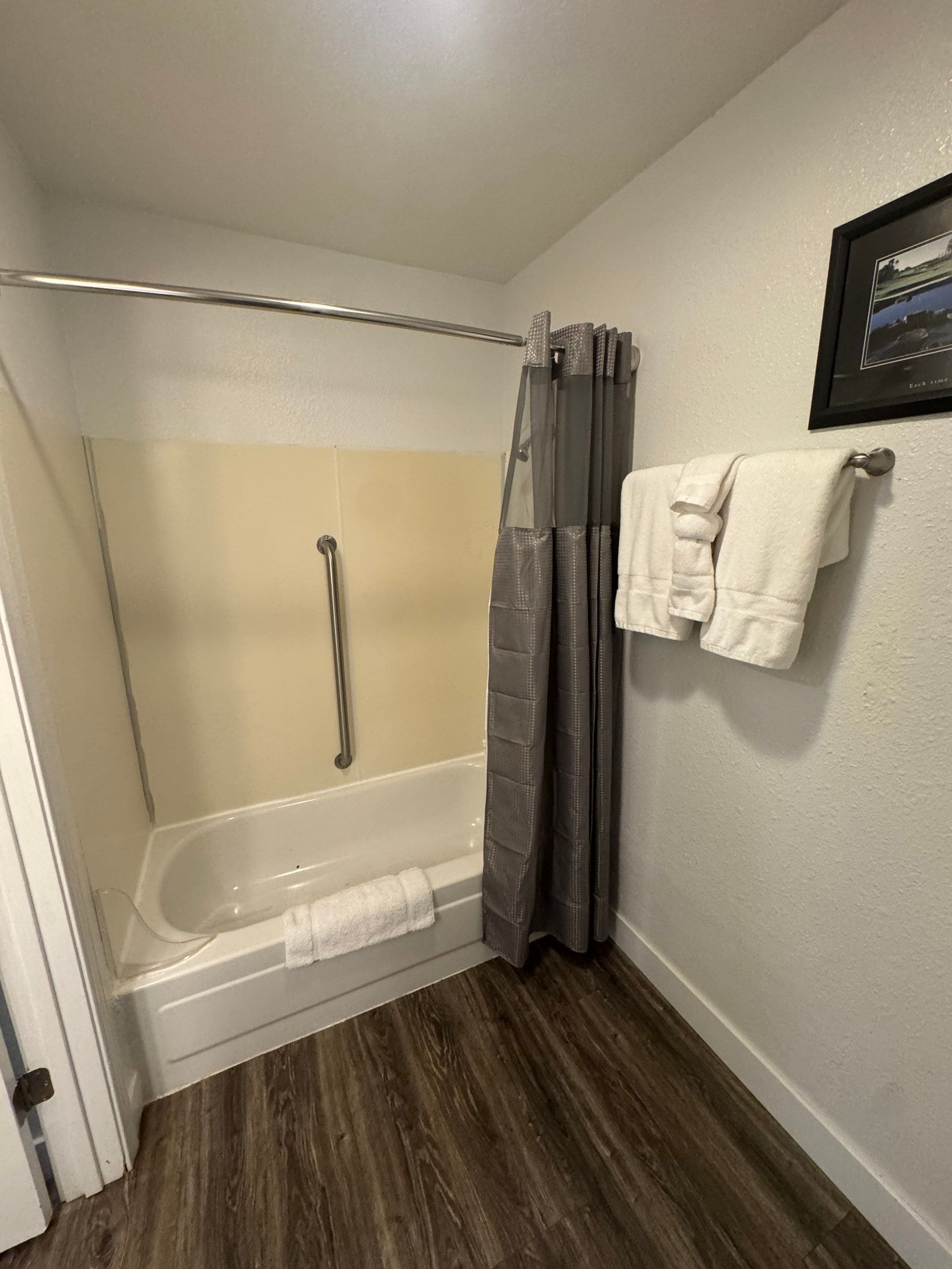 A shower area with a bathtub, a shower curtain, and a towel rack with two towels.
