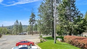 A parking lot with two cars, a grassy area, and trees. - Brownsville Motel (Brownsville)