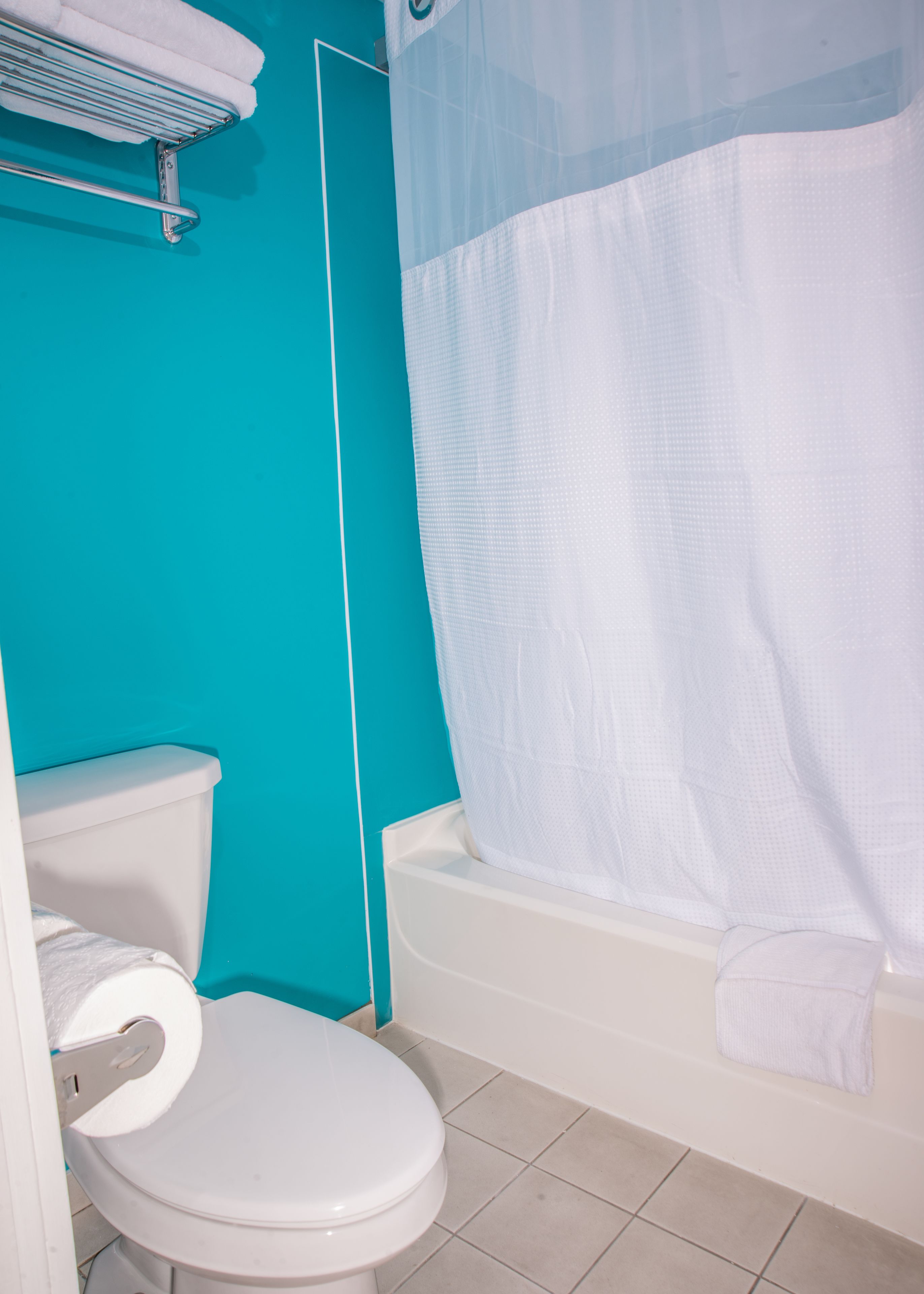 combined shower/bathtub, free toiletries, towels