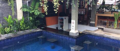Una piscina exterior con escalones de acceso al agua, rodeada de vegetación y una valla de madera.