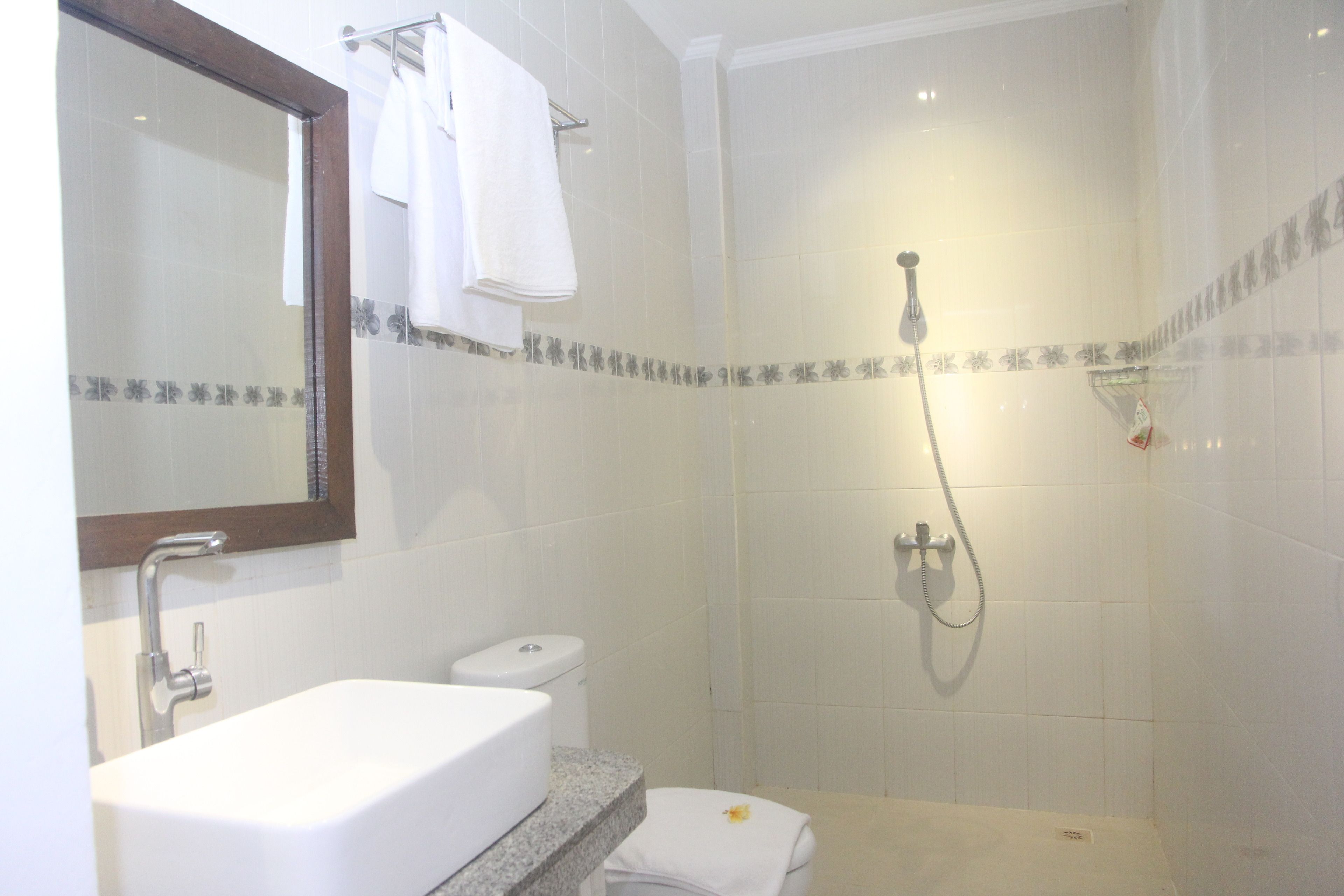 A bathroom with a white sink, a toilet, and a shower with a handheld showerhead.