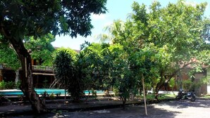 A paved courtyard with a swimming pool, surrounded by lush greenery and trees. - Budhi Beach Inn (Kuta)