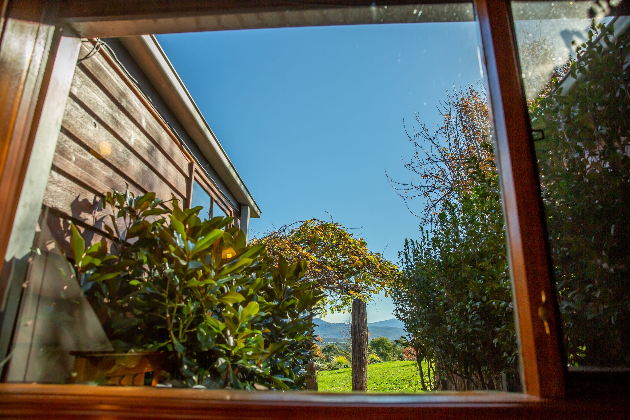Vista desde una ventana a un edificio de madera, cielo despejado y vegetación al exterior.