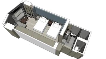 Un plan 3D d’une chambre d’hôtel comprenant un lit, un bureau, une chaise et une petite salle de bain.