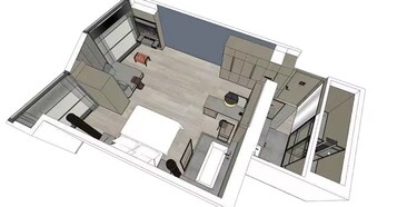 A 3D architectural floor plan of a modern apartment with a kitchen, dining area, and a living room.