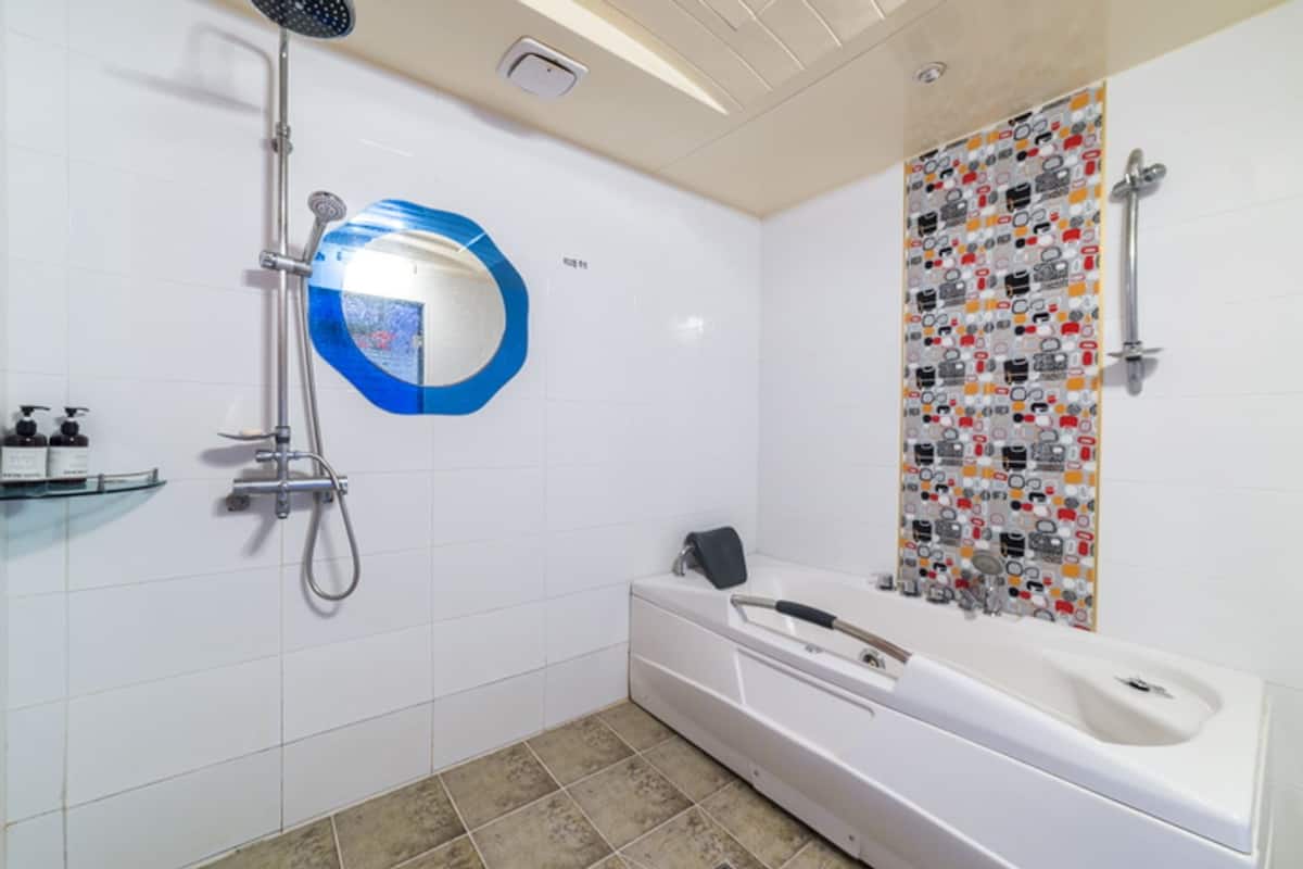 Combined shower/tub, jetted tub, free toiletries, hair dryer