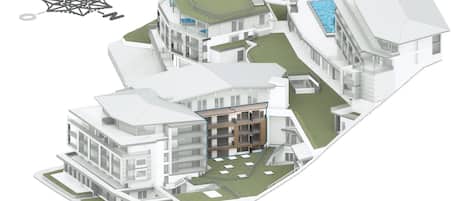 Un complexe résidentiel moderne composé de plusieurs bâtiments, doté de toits végétalisés et d’une cour intérieure avec une piscine.