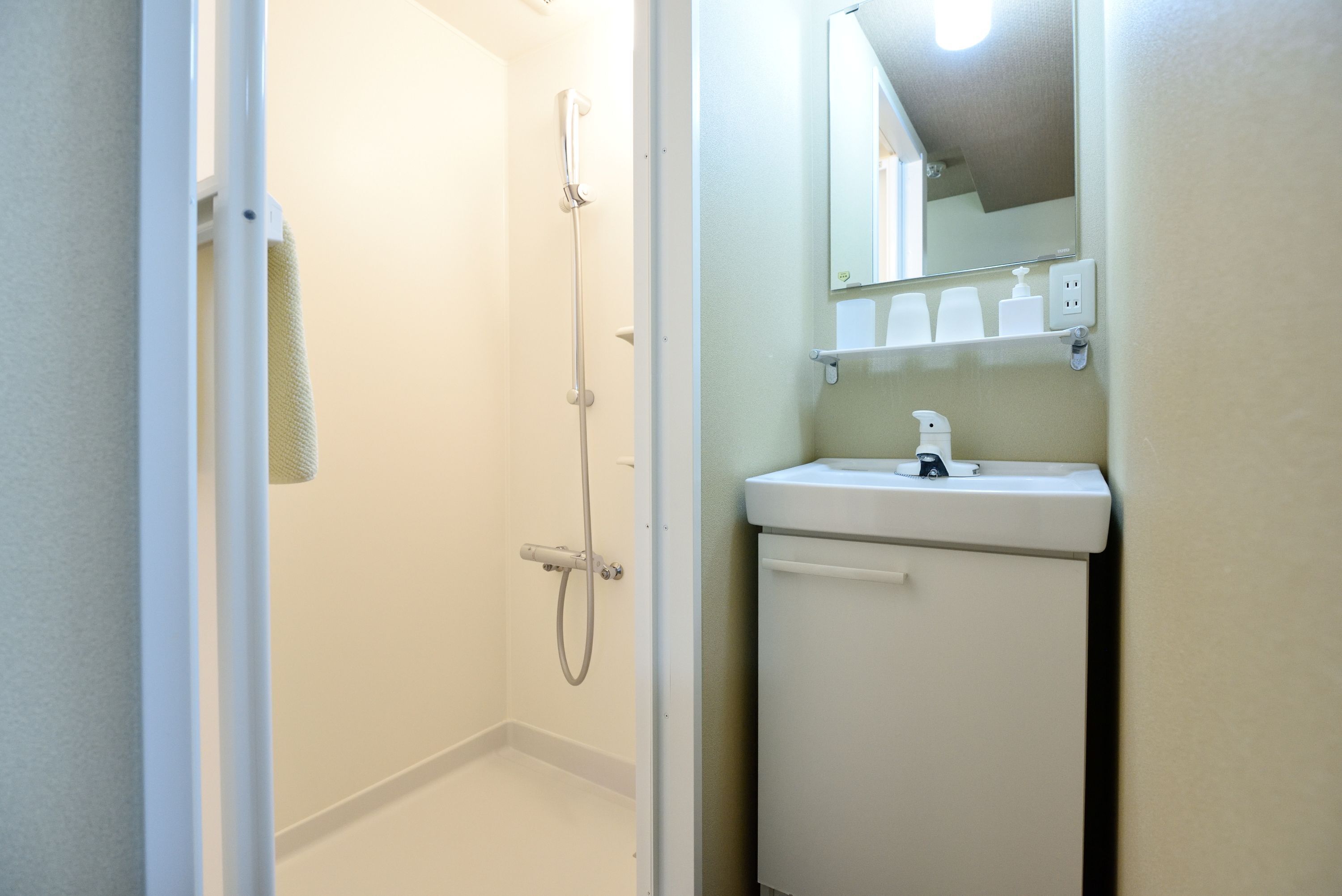 A bathroom with a shower, sink, and mirror.