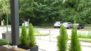 An outdoor seating area with a table and chairs, potted plants, and a view of parked cars and trees. - Hotel Bon Repos (Consdorf)