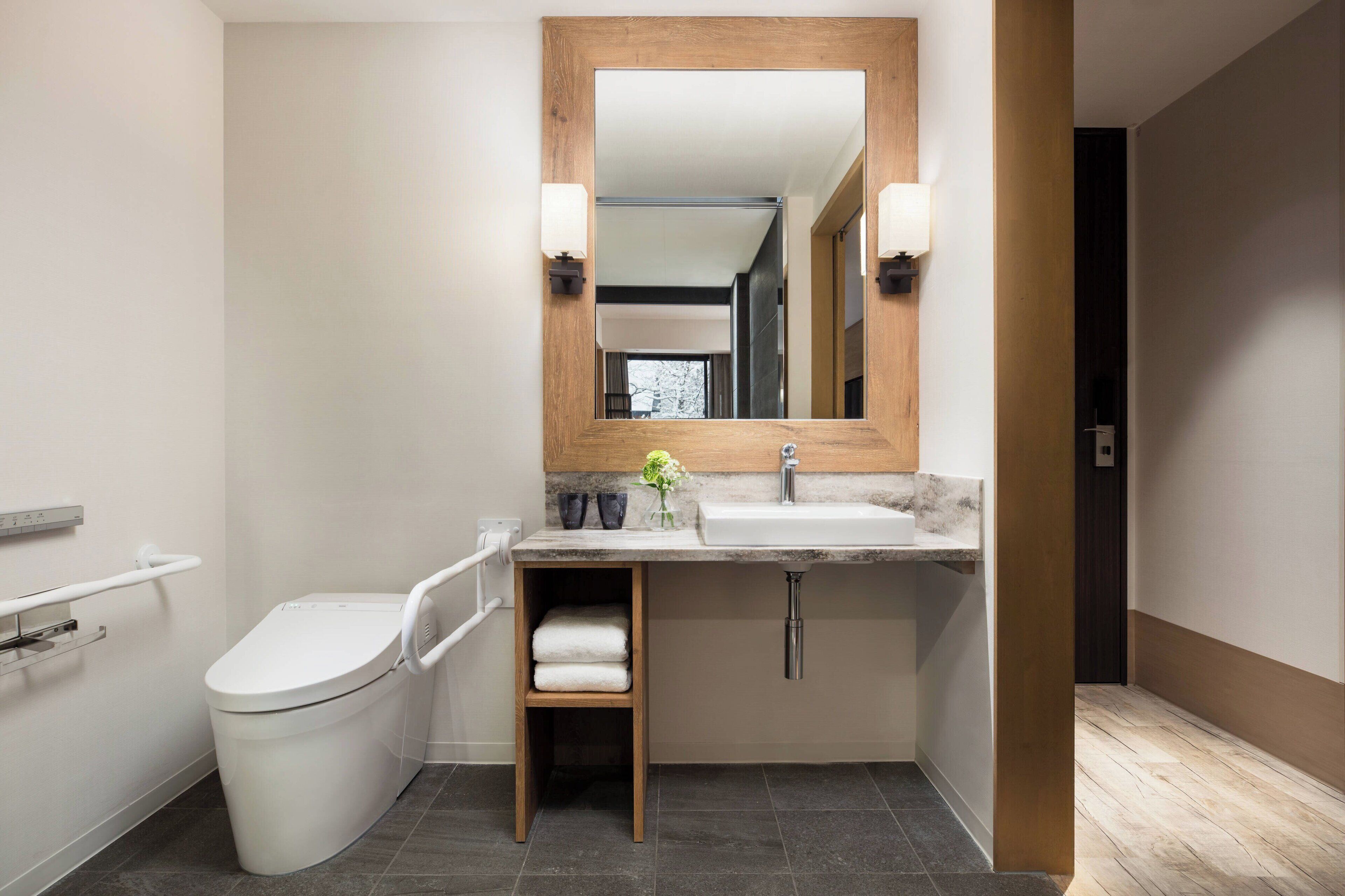 A modern bathroom with a toilet, sink, and mirror.