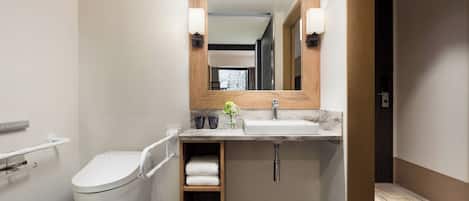 A modern bathroom with a toilet, sink, and mirror.