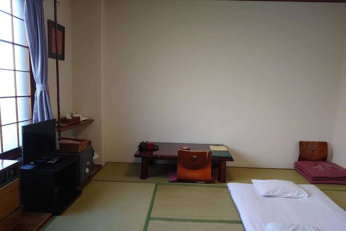 A room with tatami flooring, a bed, a television, a small table, and a chair.