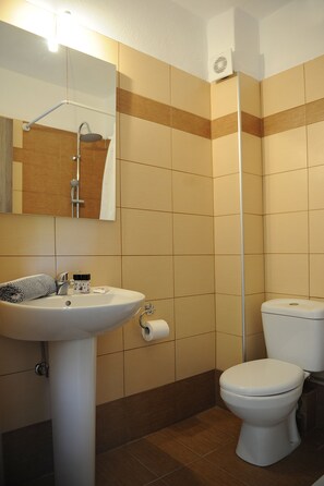 A bathroom with a sink, mirror, toilet, and shower. - Rodon Loutra (Kassandra)