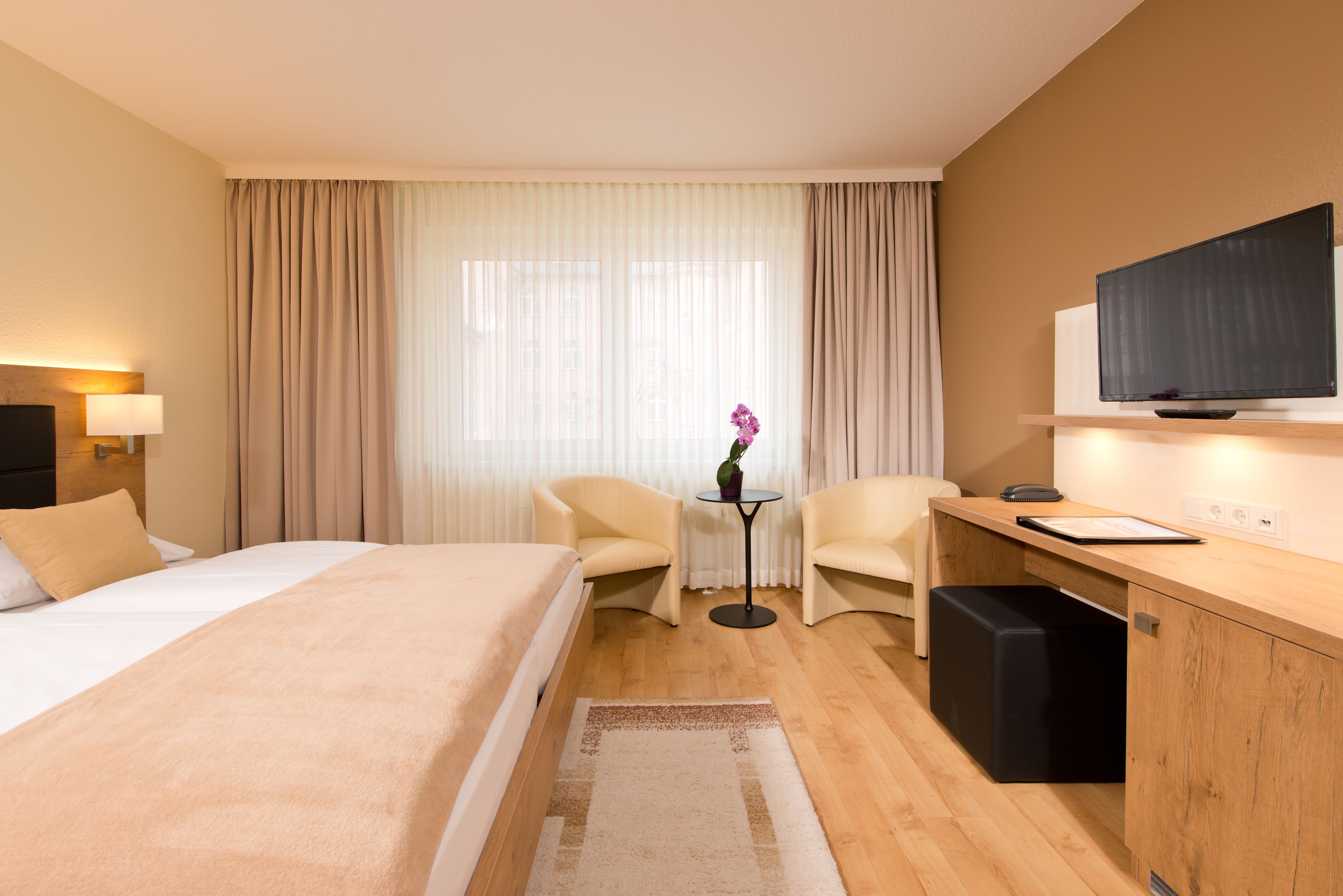 Ein Hotelzimmer mit einem Bett, zwei Stühlen, einem Schreibtisch, einem Fernseher und einem kleinen Tisch mit einer Pflanze.