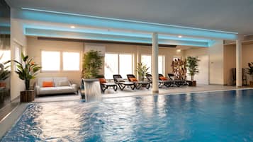 Indoor pool, open 9:00 AM to 9:00 PM, pool loungers