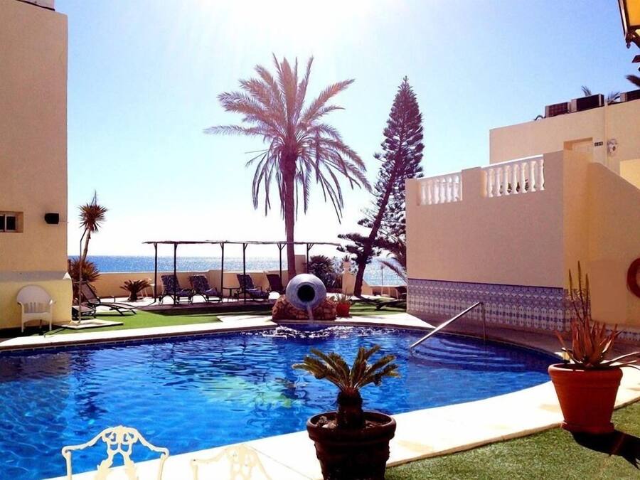 Una piscina con sillas de descanso y palmeras, rodeada de edificios con balcones.