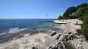 Une plage côtière avec un ciel dégagé, un drapeau, un terrain rocheux et quelques personnes.