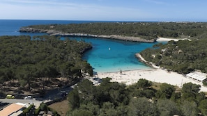 A coastal area with a beach, a rocky shoreline, and dense forest. - Hotel Playa Mondrago (Santanyi)