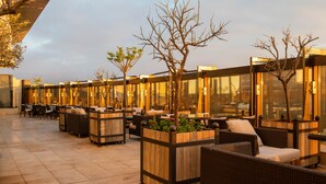 An outdoor seating area with wicker furniture, planters with trees, and glass walls. - Lancaster Plaza Beirut (Beirut)