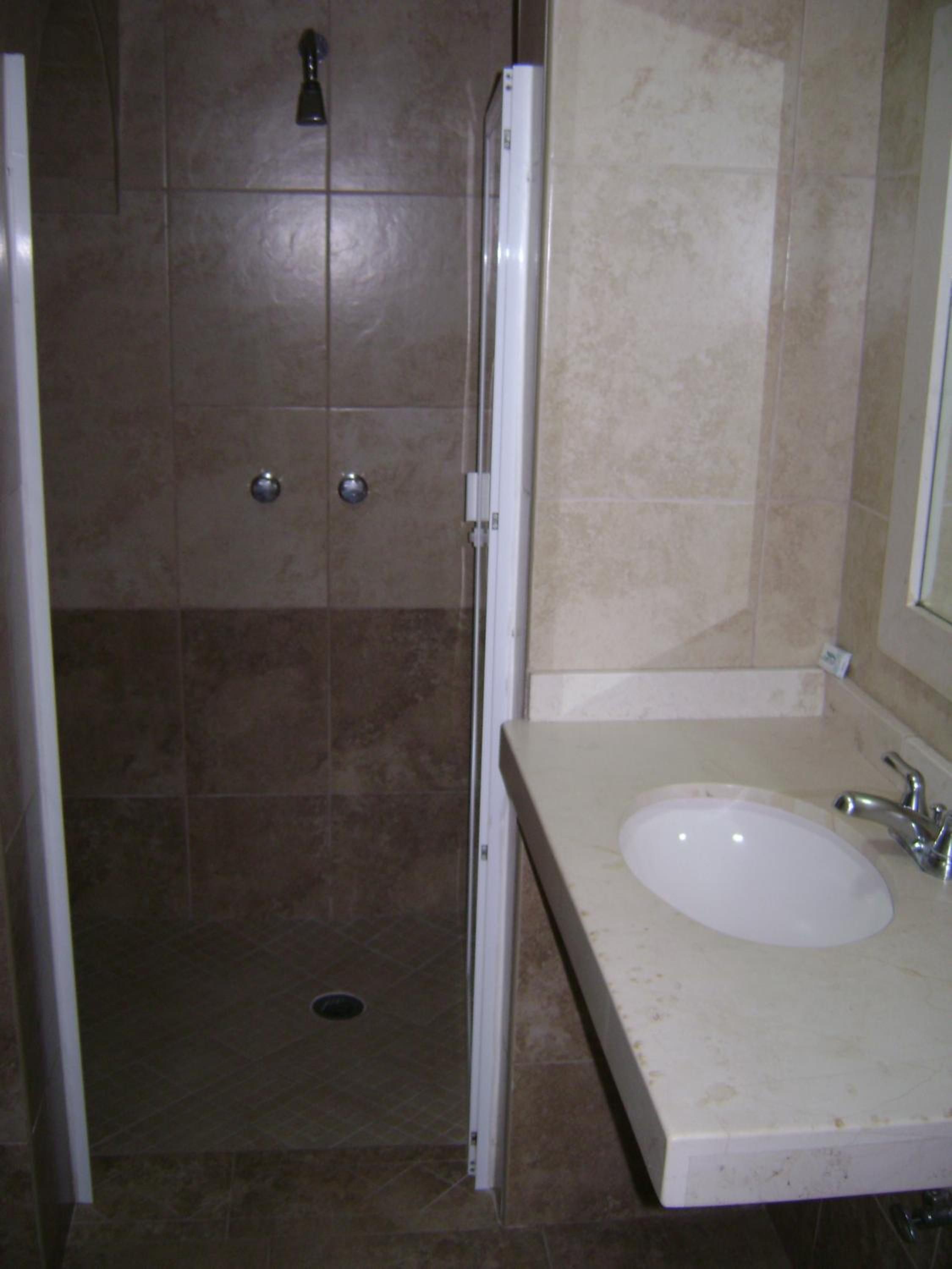 Une salle de bain avec une douche, un lavabo et un miroir.